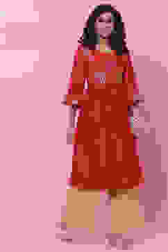 Red Art Silk Flared Kurta image number 5