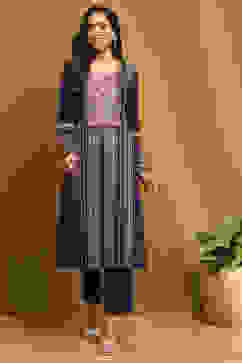 Purple Polyester Blend Straight Kurta Pants Set image number 6