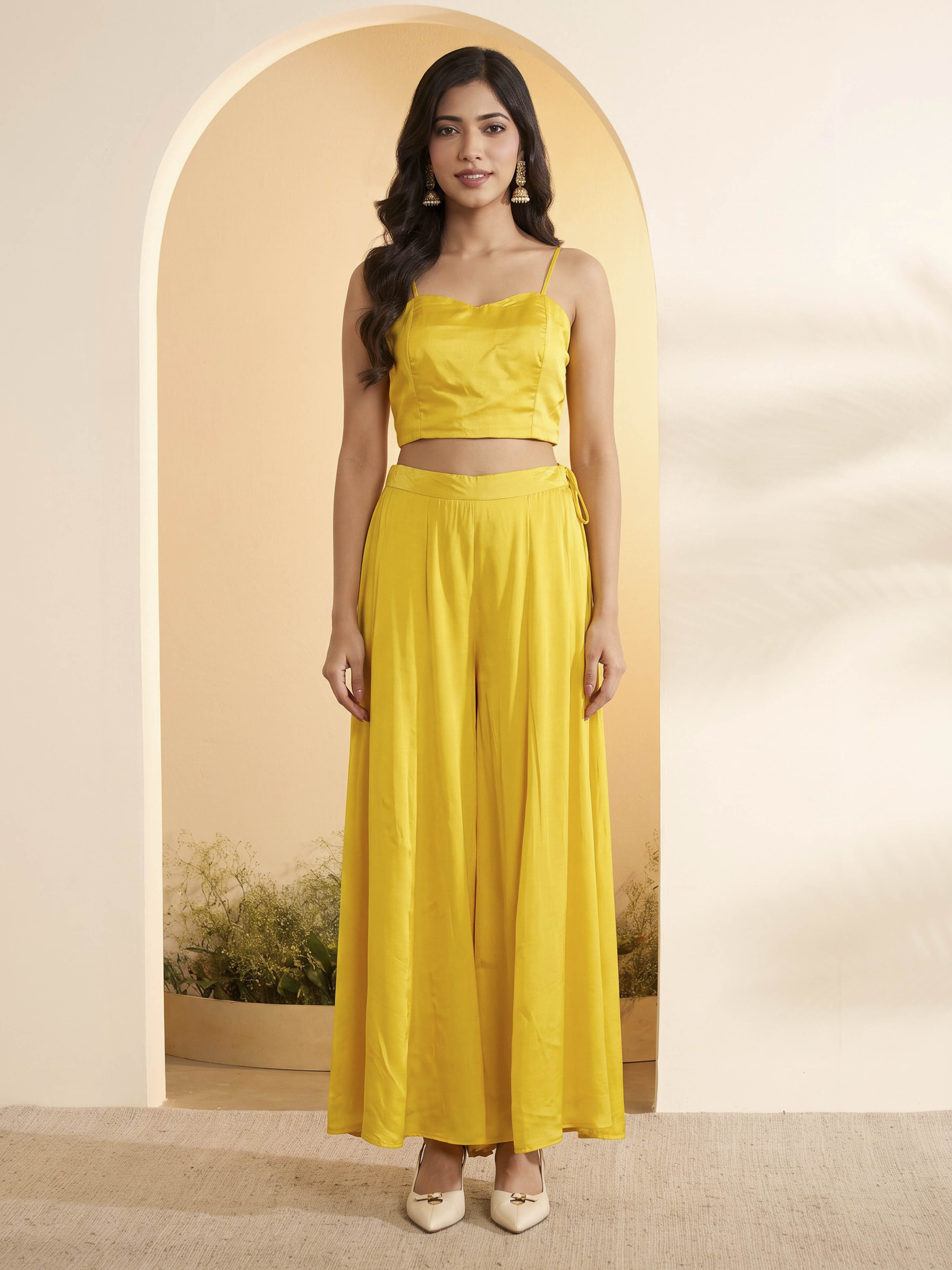 Yellow Modal Satin Asymmetric Suit Set image number 6