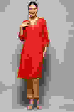 Red Foil Printed Gathered A-Line Kurta image number 6