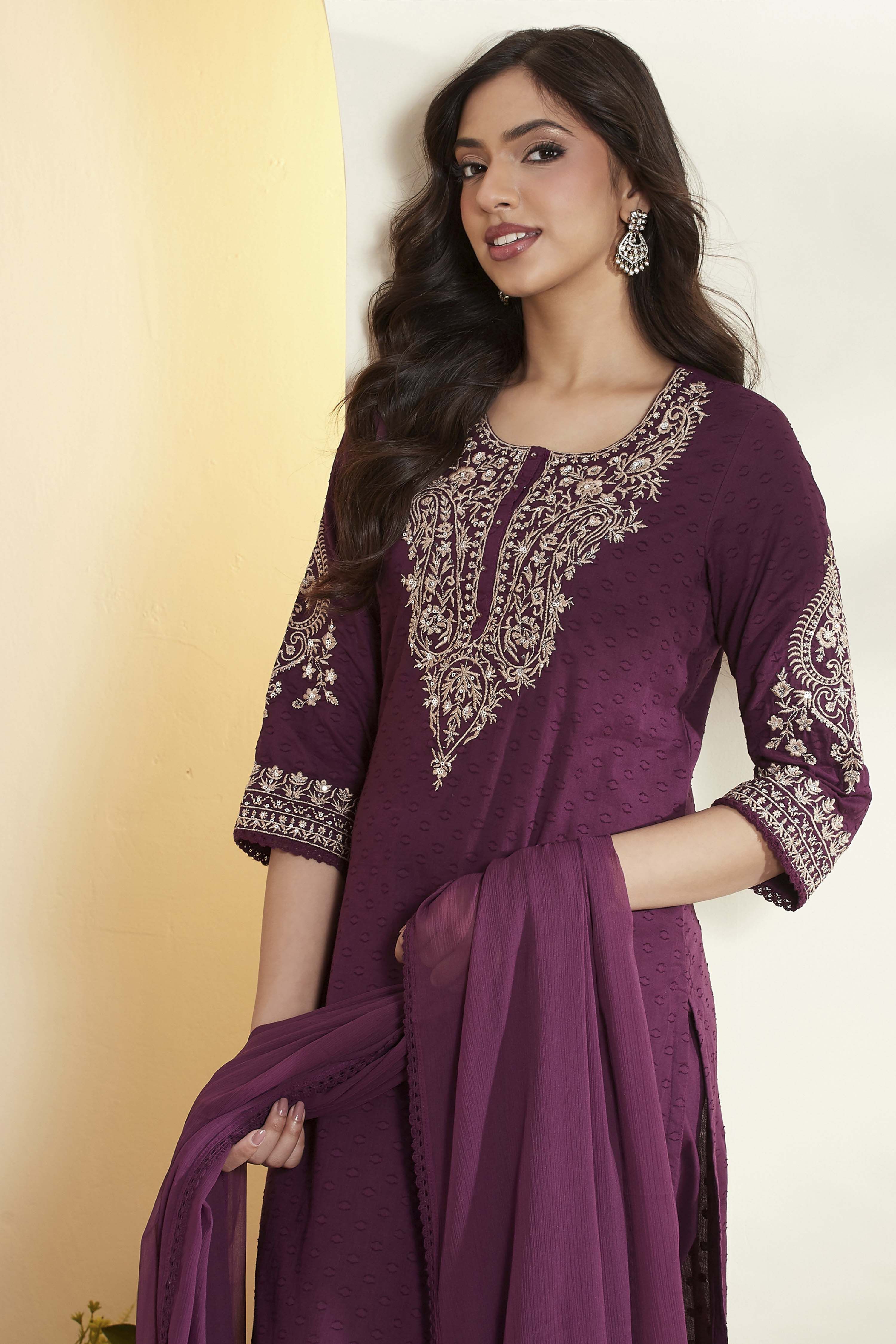 Purple Cotton Straight Suit Set image number 1