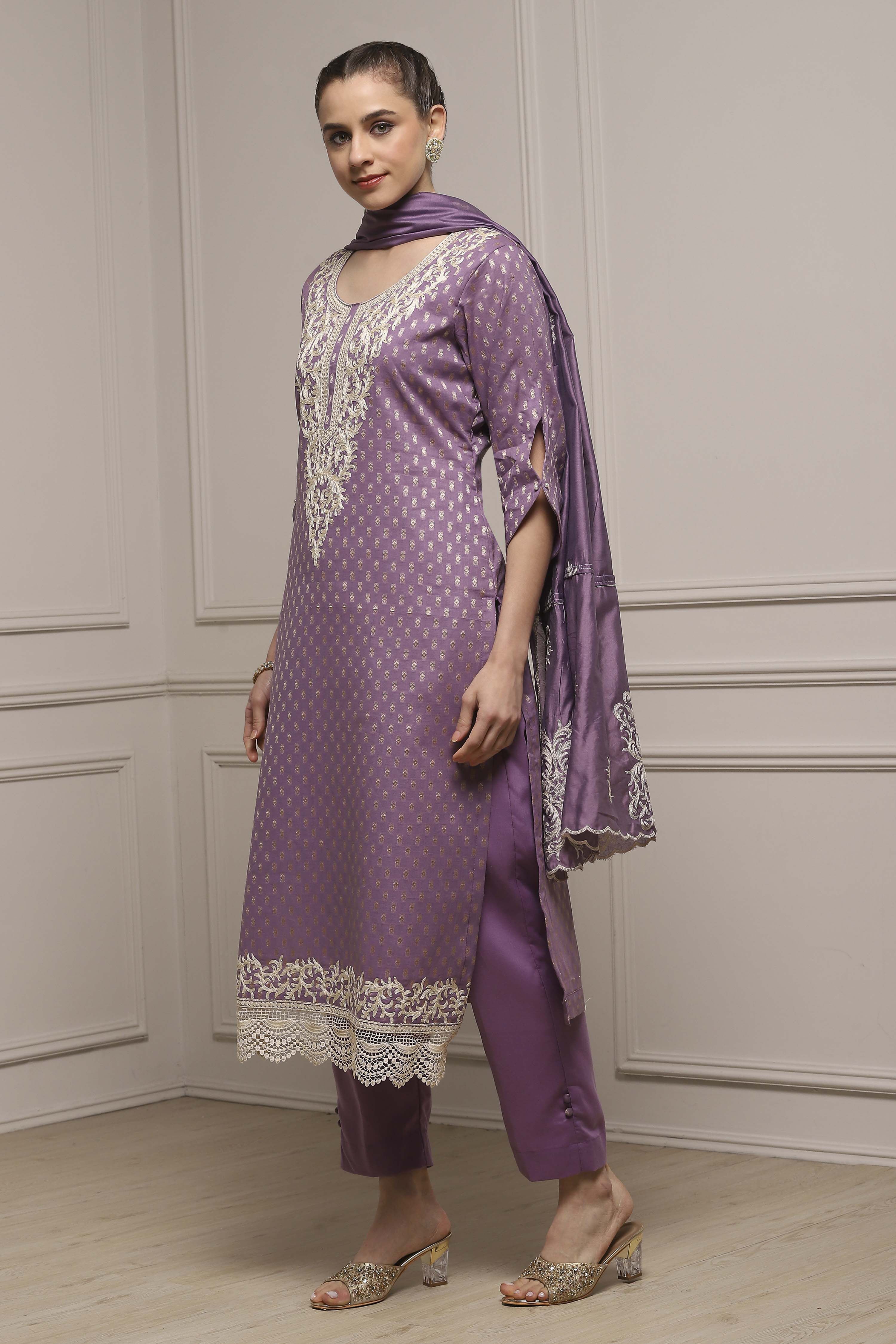 Peach Cotton Blend Thread Embroidered Unstitched Suit Set image number 4
