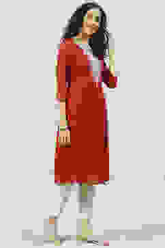 Red Poly Cotton A-Line Kurta image number 3
