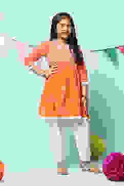 Orange Cotton Gathered Kurta Salwar 2 Piece Set image number 5