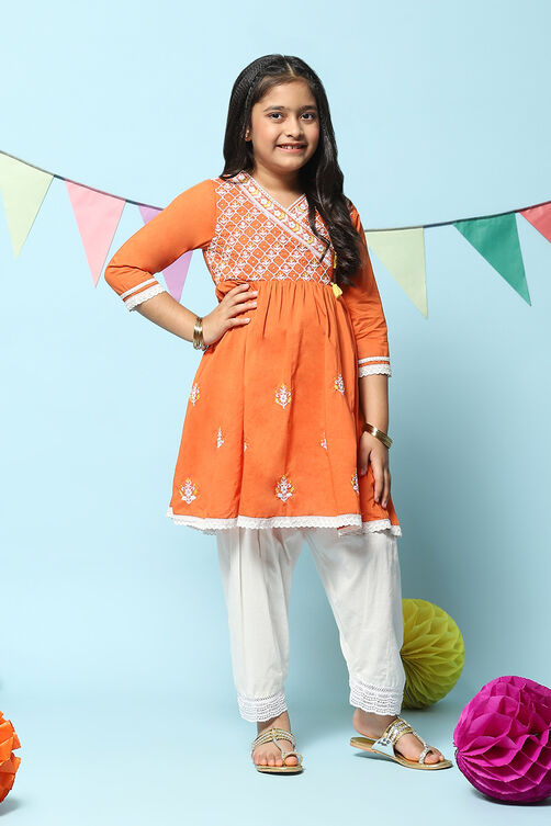 Orange Cotton Gathered Kurta Salwar 2 Piece Set image number 5