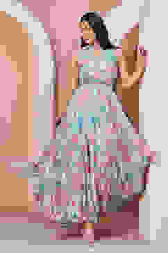 Grey Polyester Blend Anarkali Suit Set image number 6