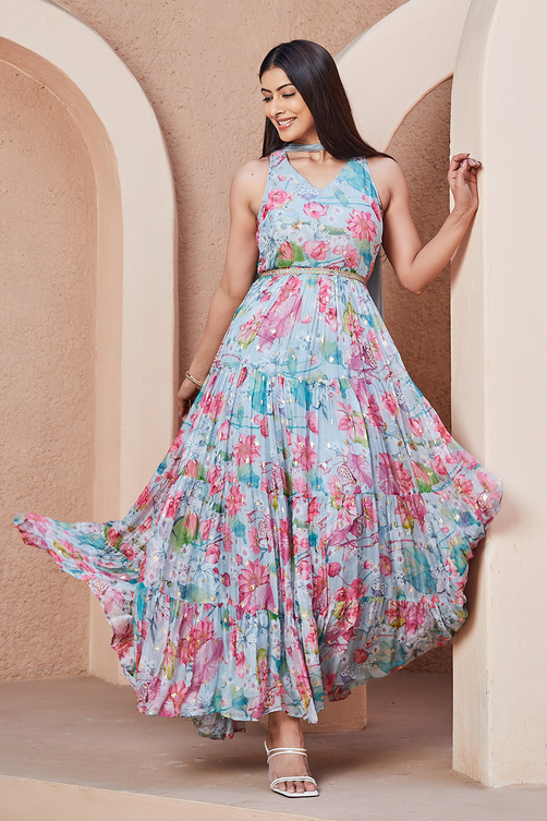 Pink Floral Printed Tiered Anarkali Kurta image number 6