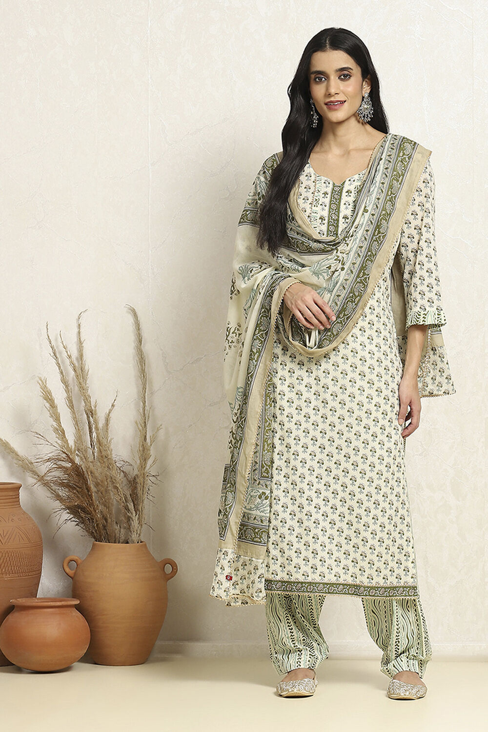 White and Green Cotton Printed Unstitched Suit Set image number 1