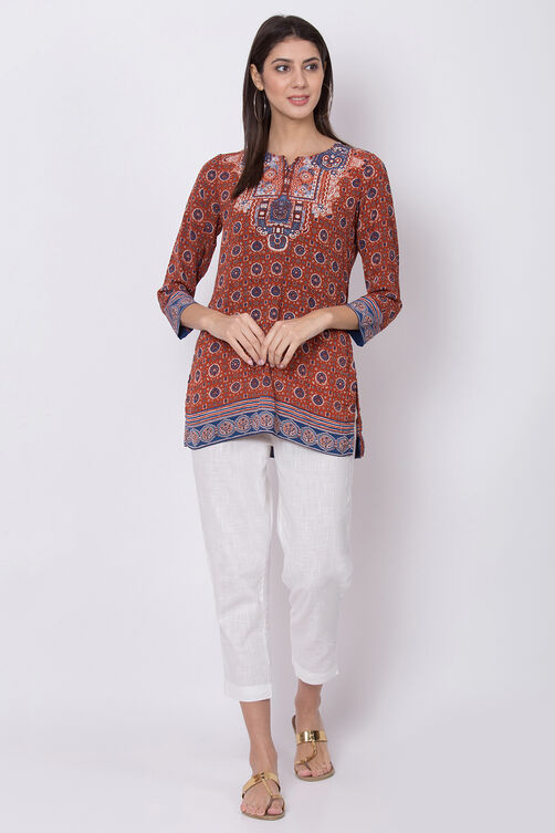Rust Art Silk Straight Printed Kurti image number 4