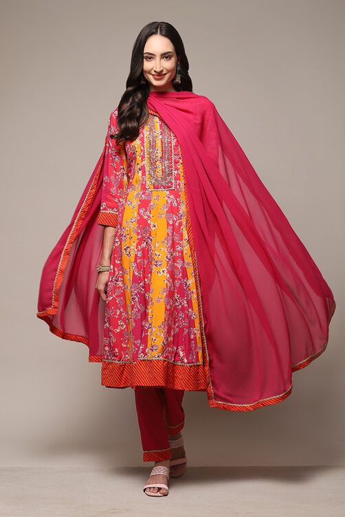 Onion Pink & Mustard LIVA Kalidar Kurta Churi Salwar Suit Set image number 7