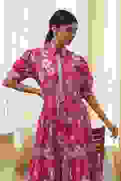 Pink Cotton Floral Printed Tiered Dress image number 7