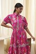 Pink Cotton Floral Printed Tiered Dress image number 7