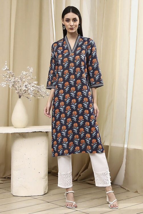 Teal Cotton Printed Straight Kurta image number 5