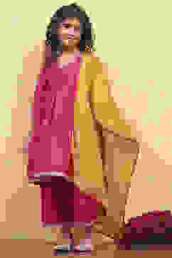 Pink Polyester Yarndyed Gathered Suit Set image number 3