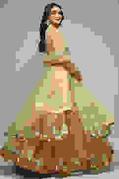 Beige Nylon Front Open Embroidered Kurta Lehenga Set image number 6