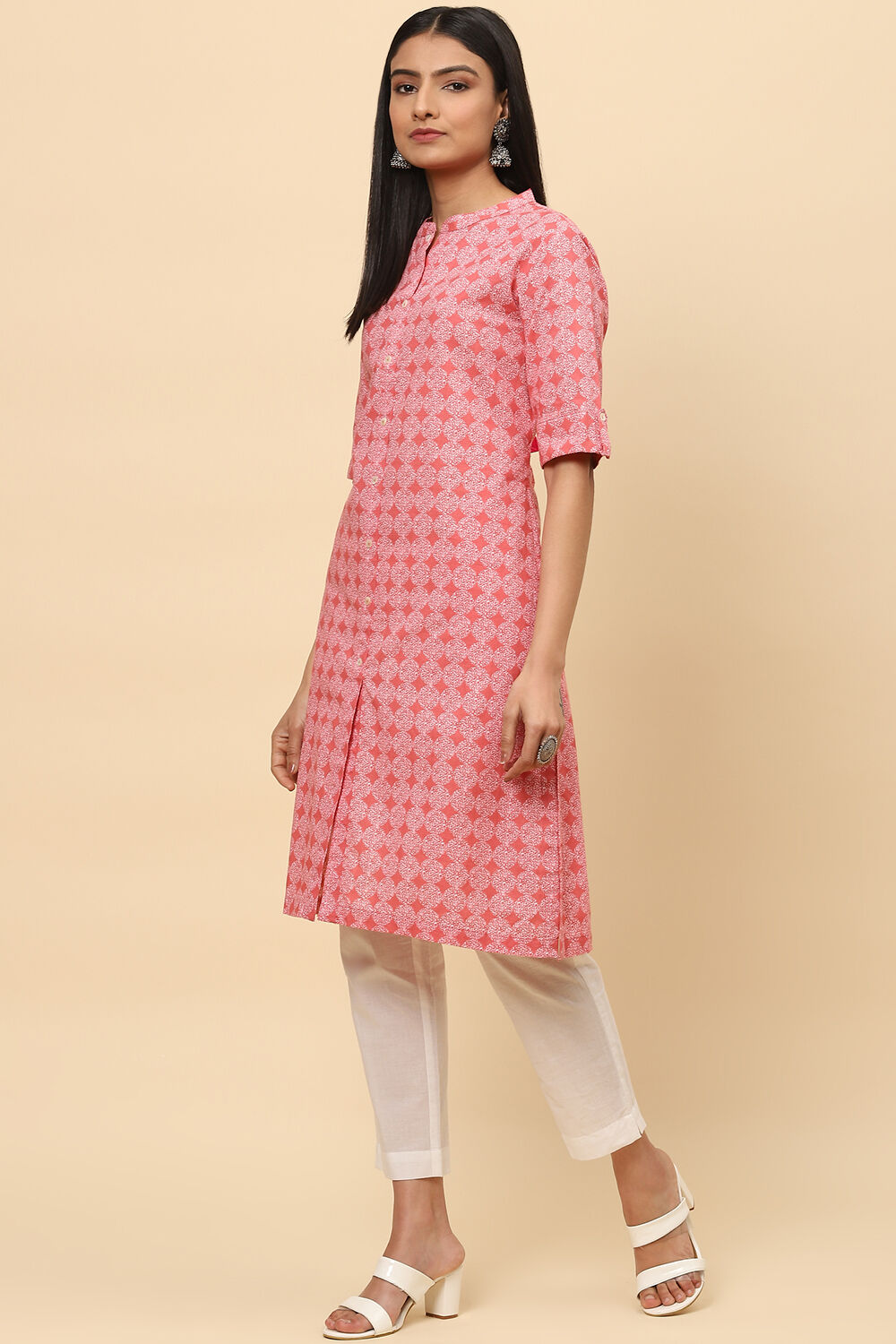 Dusty Pink Cotton Printed Short Kurti image number 3