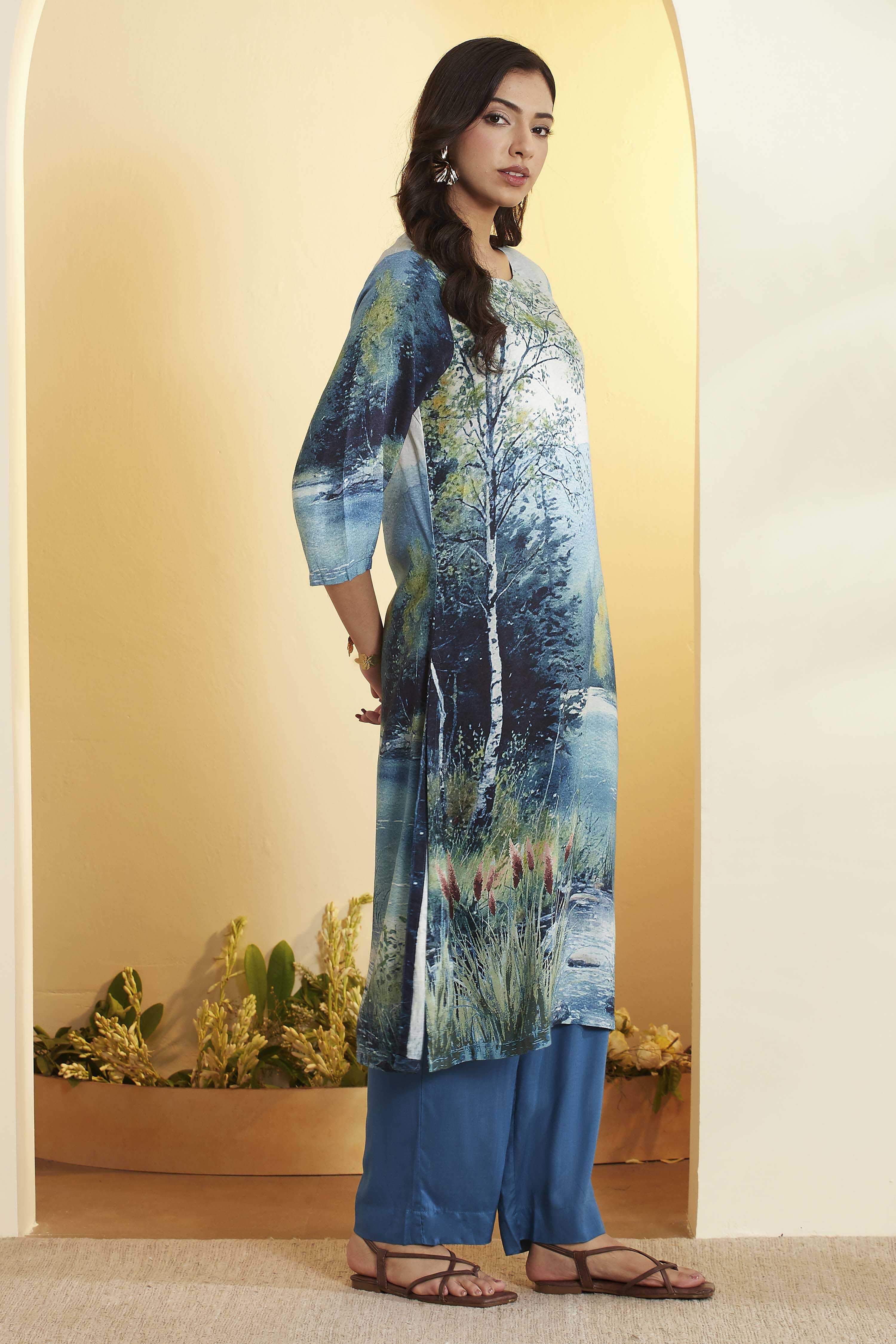 Beige Rayon Slub Straight Kurta Pants Set image number 4