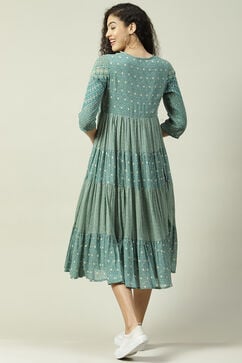 Teal Cotton Flared Fusion Printed Dress image number 4