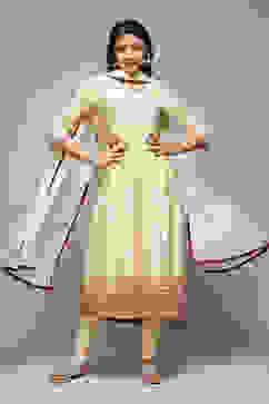 Beige Rayon Gathered Kurta Churidar Suit Set image number 0