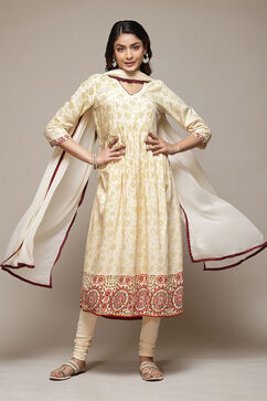 Beige Rayon Gathered Kurta Churidar Suit Set image number 0