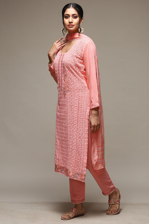 Pink Muslin Lace Unstitched Suit Set image number 5