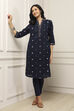 Navy Blue Cotton Polka Dot Straight Kurta