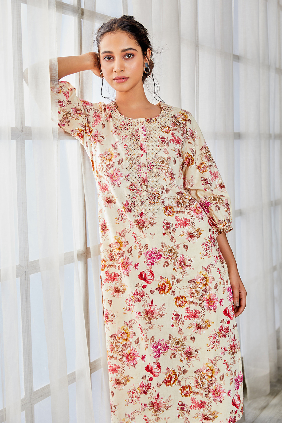 Beige & Pink Cotton Floral Printed Straight Kurta