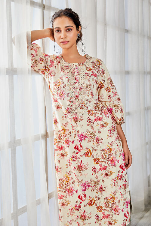 Beige & Pink Cotton Floral Printed Straight Kurta image number 0
