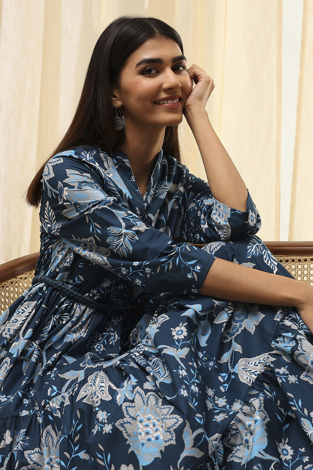 Earthy Blue Cotton Floral Tiered Dress image number 1