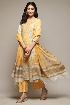 Yellow Cotton Blend Straight Yarndyed Kurta Suit Set image number 0