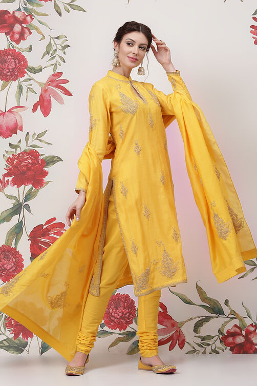 Rohit Bal Yellow Cotton Silk Straight Yarndyed Suit Set image number 5