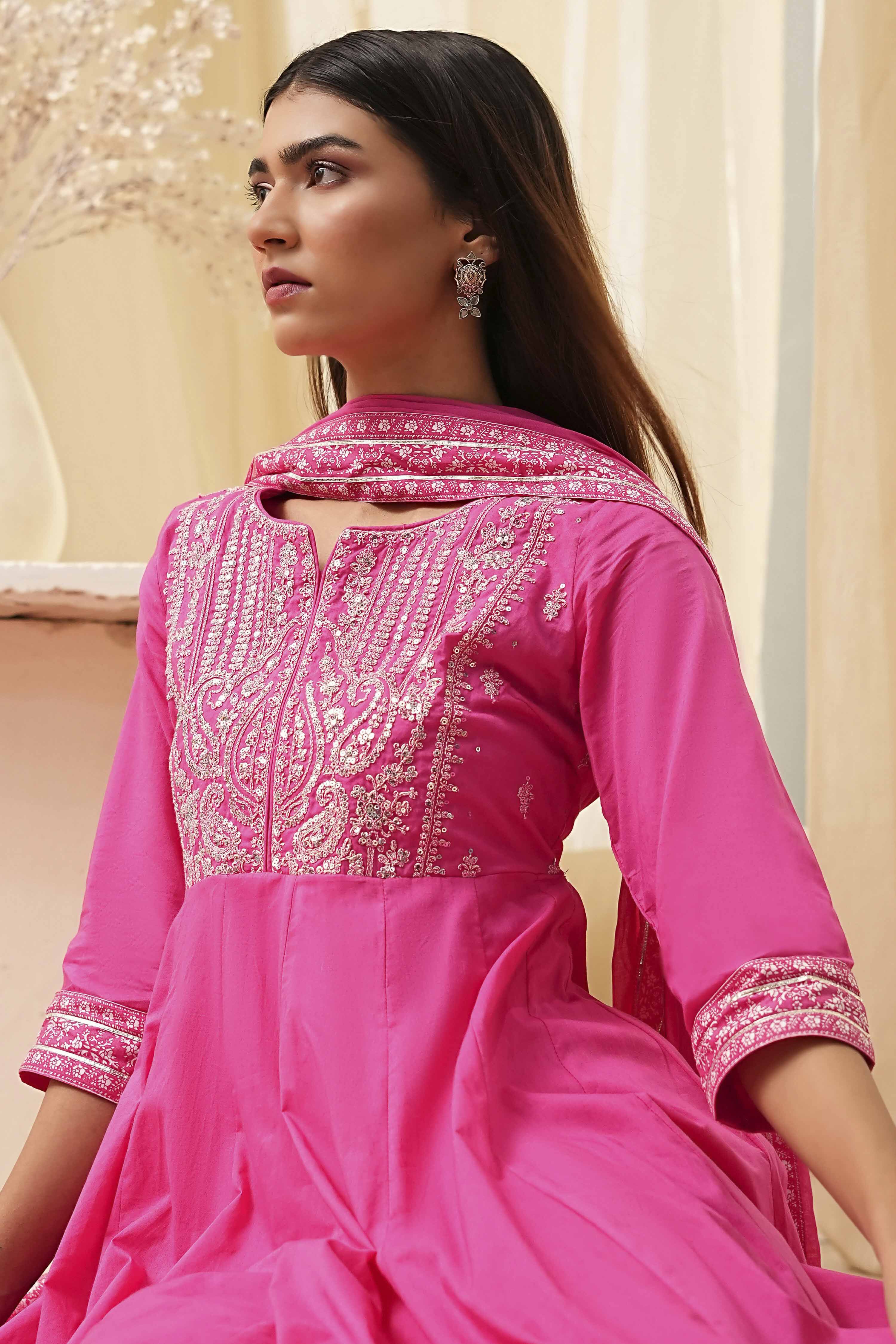 Blue Cotton Embroidered Anarkali Suit Set image number 7