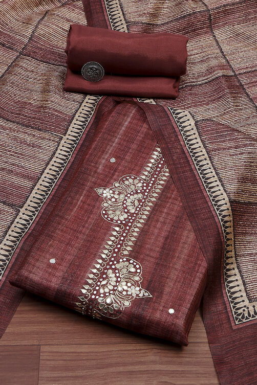 Wine Silk Blend Printed Embroidered Unstitched Suit Set image number 0