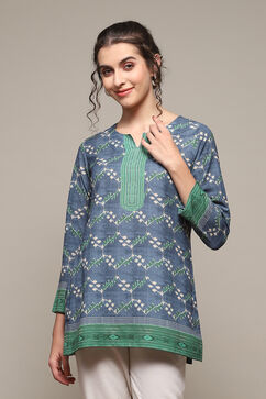 Denim Blue Polyester Straight Printed Kurti image number 5