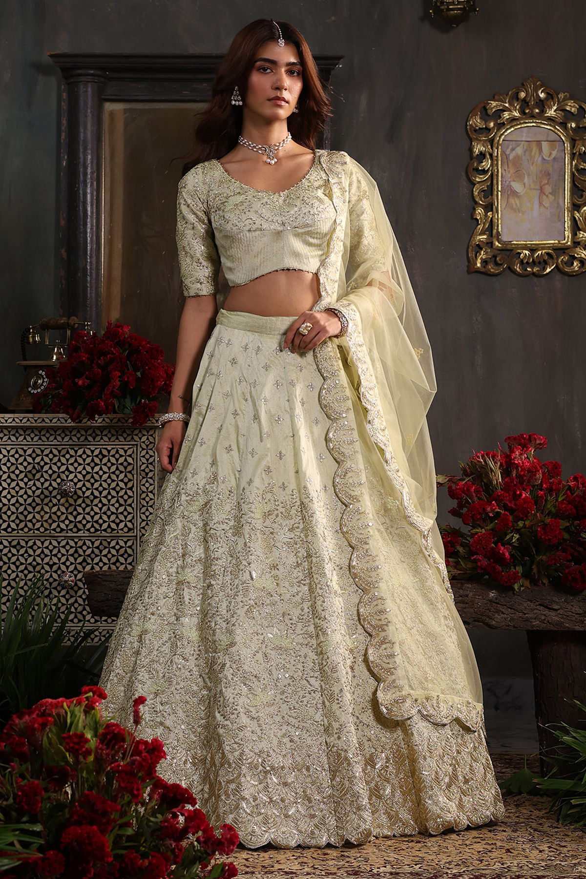 Mint Green Zari Embroidered Lehenga Set