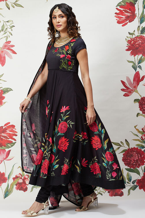 Rohit Bal Black Cotton Silk Flared Printed Suit Set image number 0