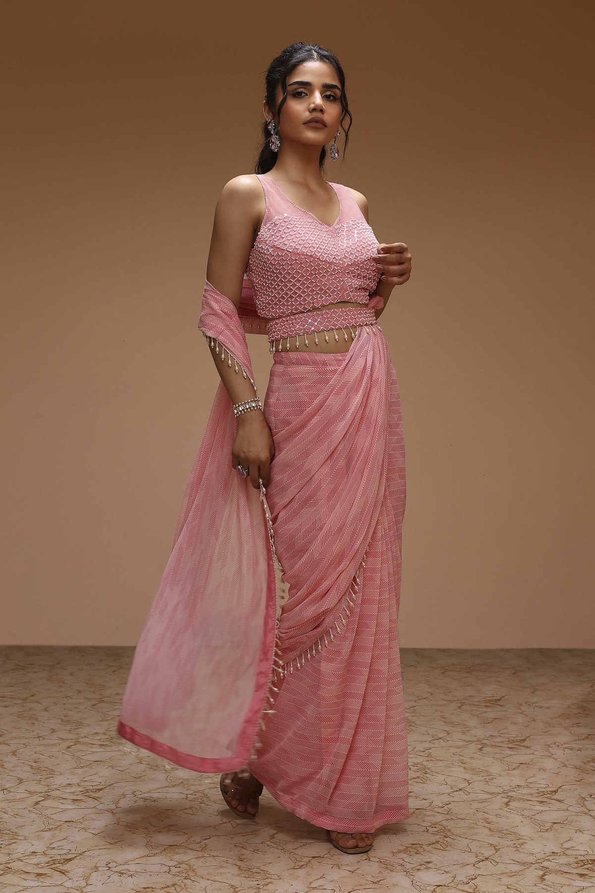 Pink Georgette Digital Printed Pre-Draped Saree