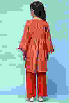 Red Printed Gathered Kurta With Red Solid Pant image number 4