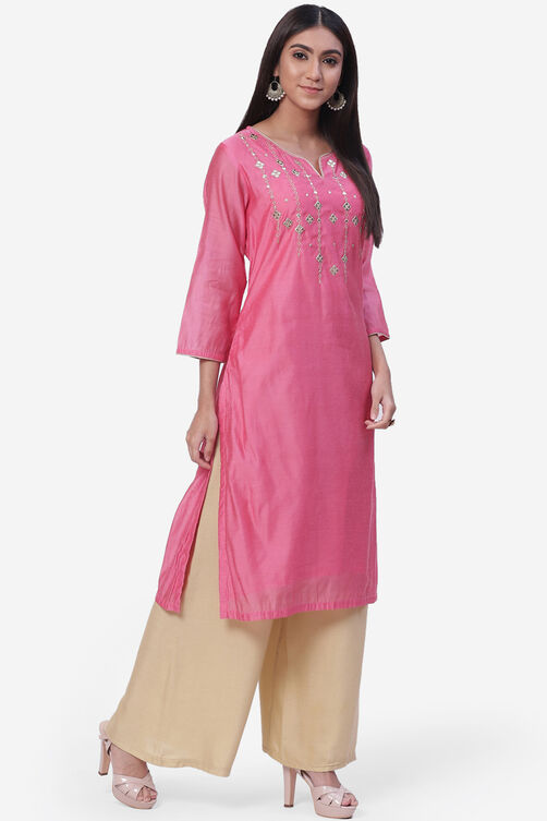 Pink Poly Cotton Kurta image number 3