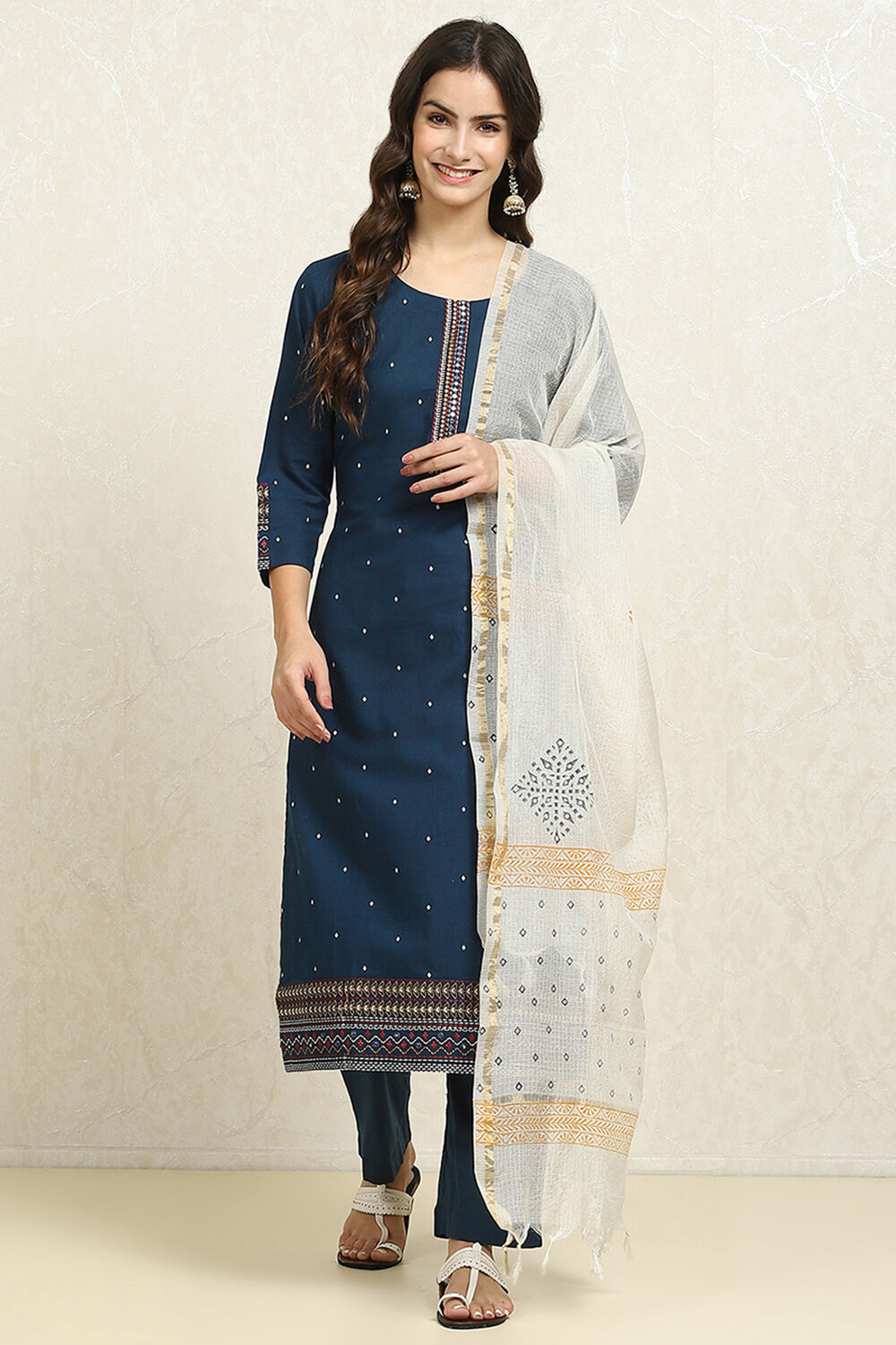 Yellow Cotton Handloom Unstitched Suit Set image number 1