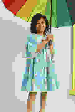 Sky Blue Cotton Printed Tiered Dress image number 7