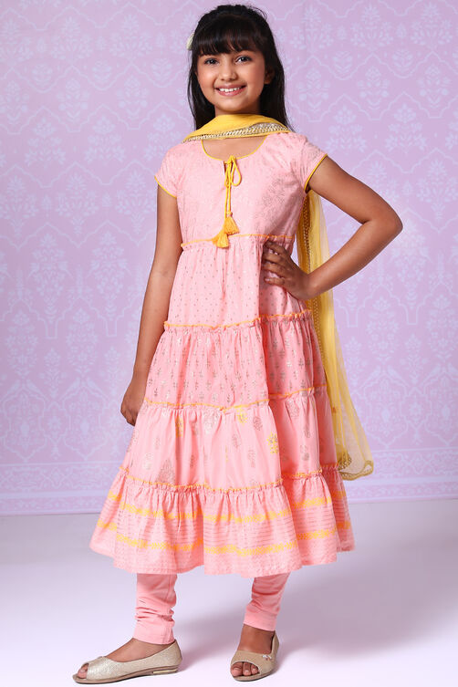 Coral Cotton Tiered Kurta Churidar Suit Set image number 3