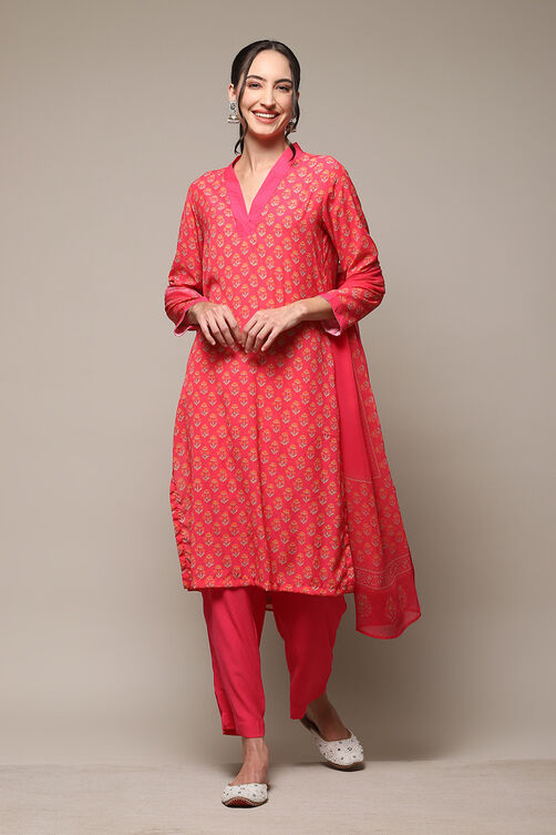 Fuschia Art Silk Straight Kurta Narrow Pants Suit Set image number 6