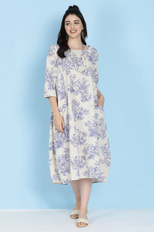 Cream Cotton Flax A-line Printed Kurta Dress image number 0