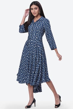 Blue Rayon Asymmetric Printed Dress image number 2