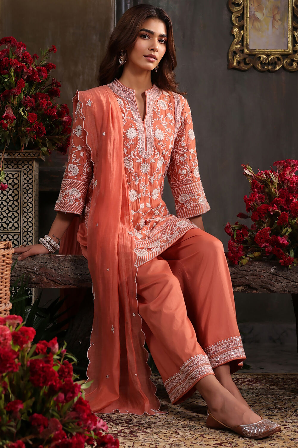 Orange Chanderi Embroidered Straight Suit Set image number 5