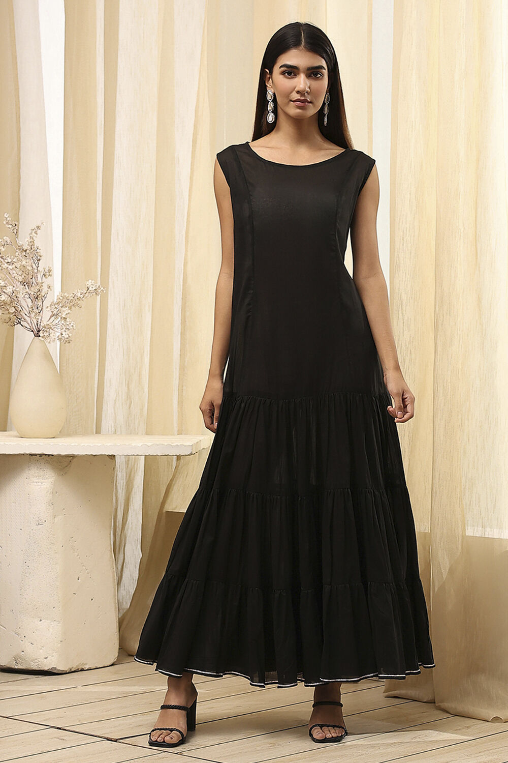 Black Poly Chanderi Layered Tiered Dress image number 2