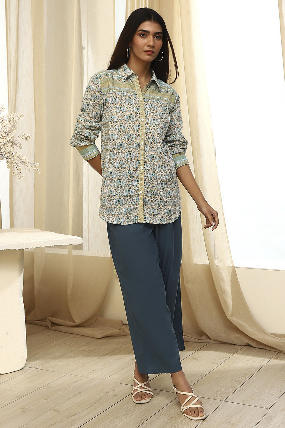 Blue Cotton Printed Straight Shirt image number 0