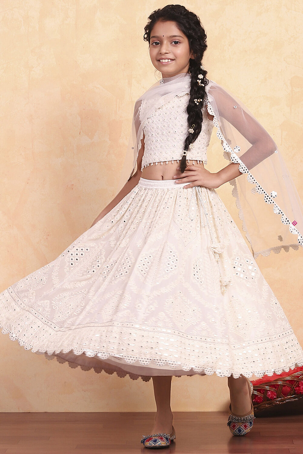 White Viscose Embroidered Kalidar Lehenga Set image number 0