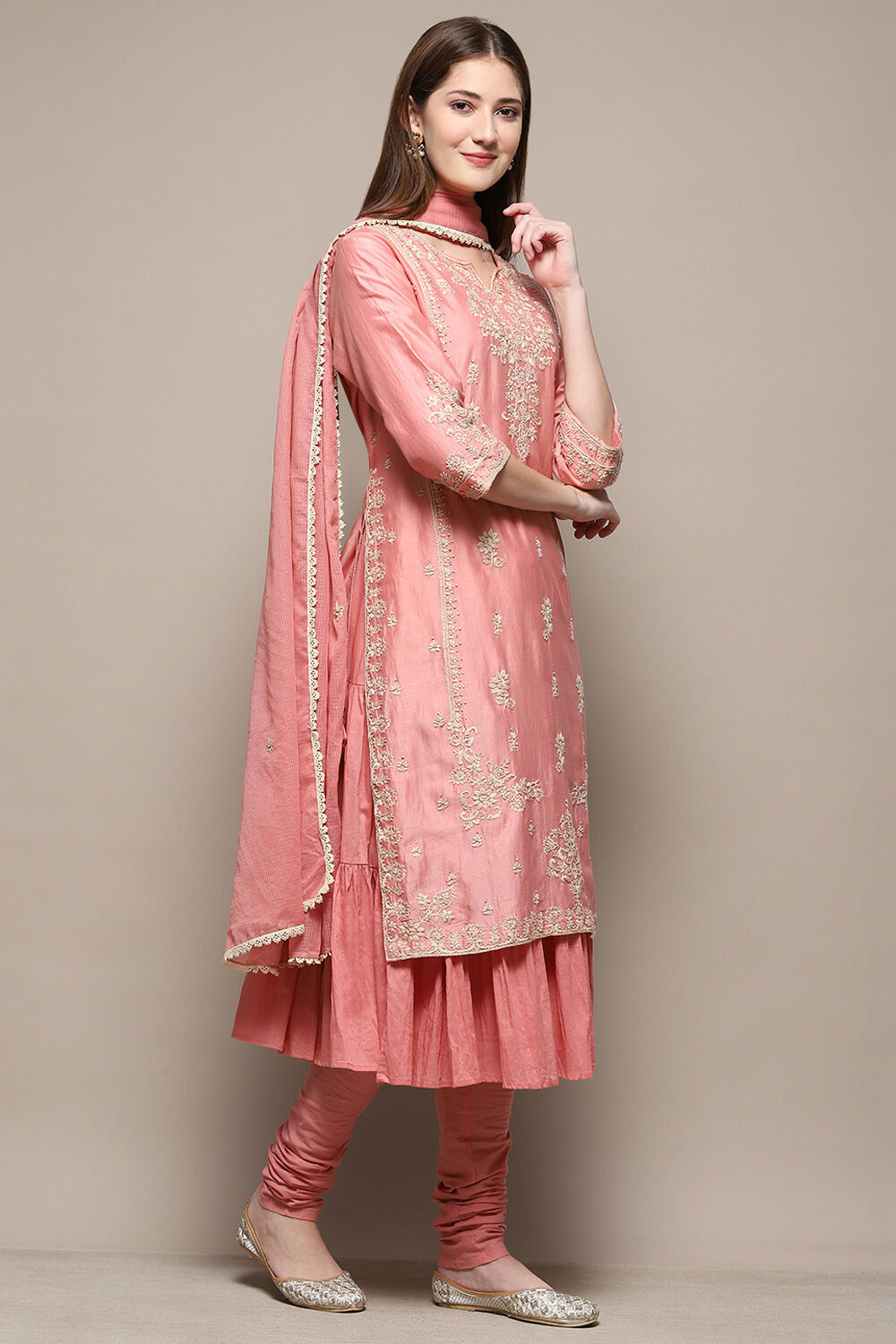 Peach Cotton Blend Layered Kurta Churidar Suit Set image number 6